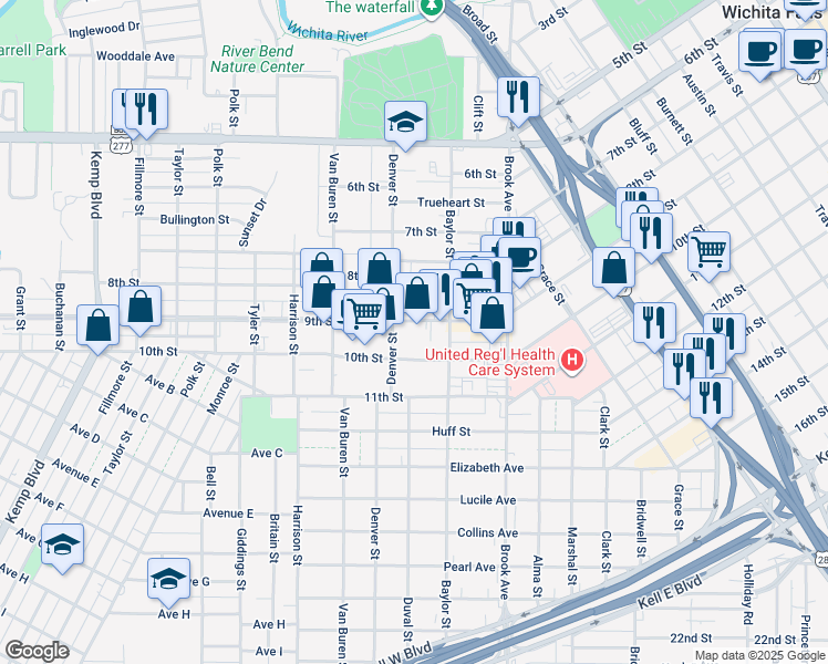 map of restaurants, bars, coffee shops, grocery stores, and more near 901-999 Denver Street in Wichita Falls