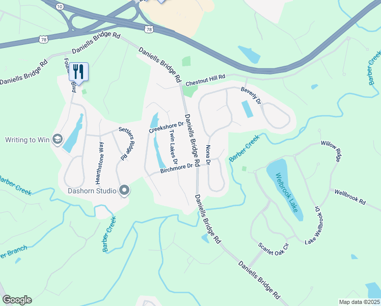 map of restaurants, bars, coffee shops, grocery stores, and more near 1781 Daniells Bridge Road in Athens