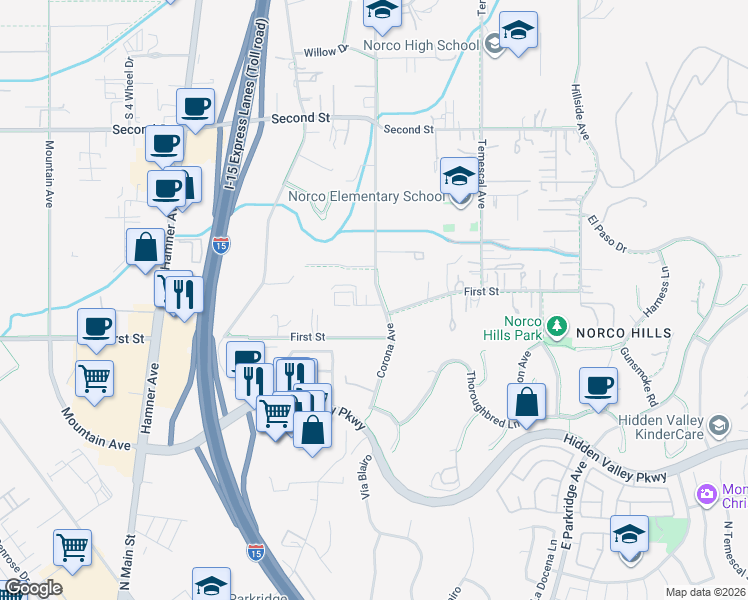 map of restaurants, bars, coffee shops, grocery stores, and more near 1500 Corona Avenue in Norco