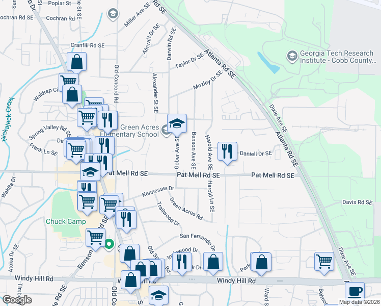 map of restaurants, bars, coffee shops, grocery stores, and more near 2038 Benson Avenue Southeast in Smyrna