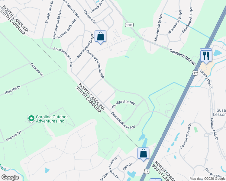map of restaurants, bars, coffee shops, grocery stores, and more near 243 Berryknoll Drive Northwest in Calabash