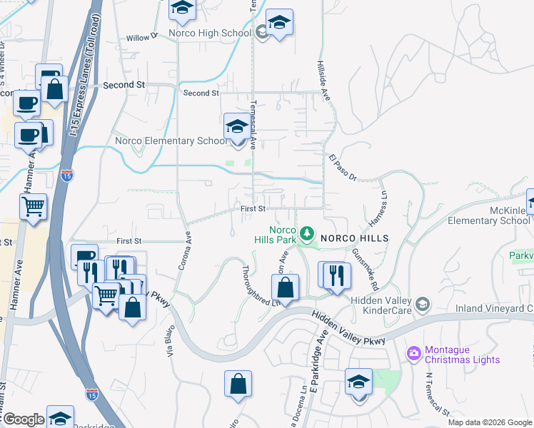 map of restaurants, bars, coffee shops, grocery stores, and more near 1080 1st Street in Norco
