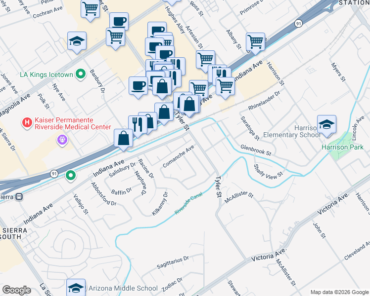 map of restaurants, bars, coffee shops, grocery stores, and more near 10359 Comanche Avenue in Riverside
