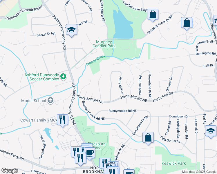map of restaurants, bars, coffee shops, grocery stores, and more near 3792 Harts Mill Lane in Atlanta