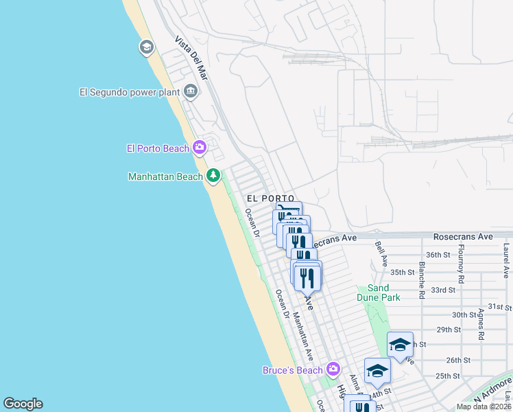 map of restaurants, bars, coffee shops, grocery stores, and more near 200 Moonstone Street in Manhattan Beach