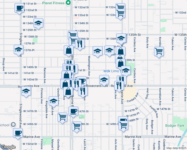 map of restaurants, bars, coffee shops, grocery stores, and more near 4237 West 142nd Street in Hawthorne