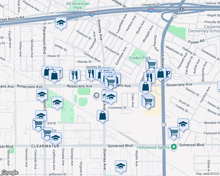 map of restaurants, bars, coffee shops, grocery stores, and more near 8522 Rosecrans Avenue in Paramount