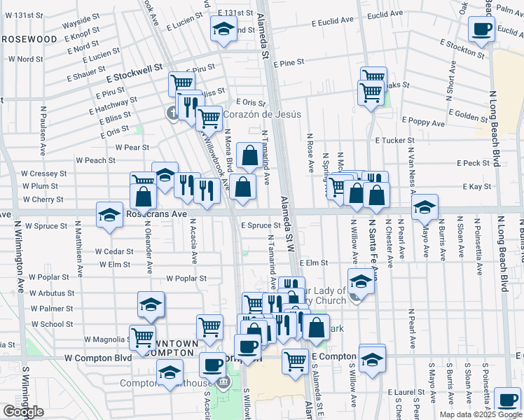 map of restaurants, bars, coffee shops, grocery stores, and more near 212 East Rosecrans Avenue in Compton