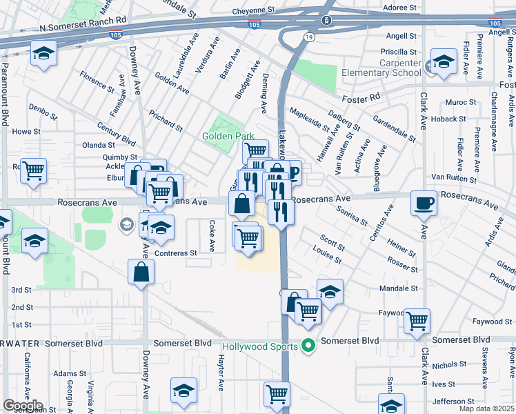 map of restaurants, bars, coffee shops, grocery stores, and more near 8854 Rosecrans Avenue in Downey