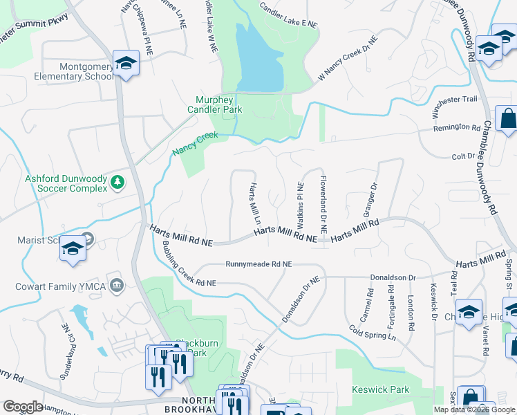 map of restaurants, bars, coffee shops, grocery stores, and more near 3972 Harts Mill Lane in Atlanta