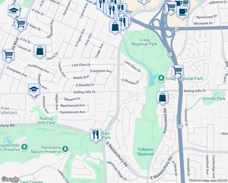 map of restaurants, bars, coffee shops, grocery stores, and more near Rolling Hills Drive in Fullerton