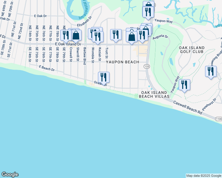 map of restaurants, bars, coffee shops, grocery stores, and more near 501 Ocean Drive in Oak Island