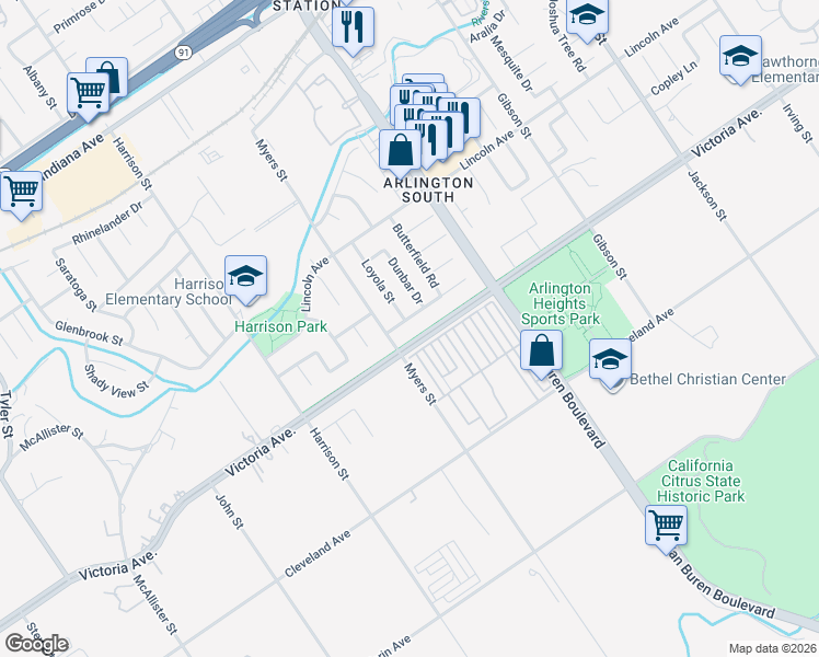 map of restaurants, bars, coffee shops, grocery stores, and more near 9670 Calle La Cuesta in Riverside