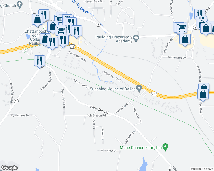 map of restaurants, bars, coffee shops, grocery stores, and more near 259 Silver Ridge Drive in Dallas