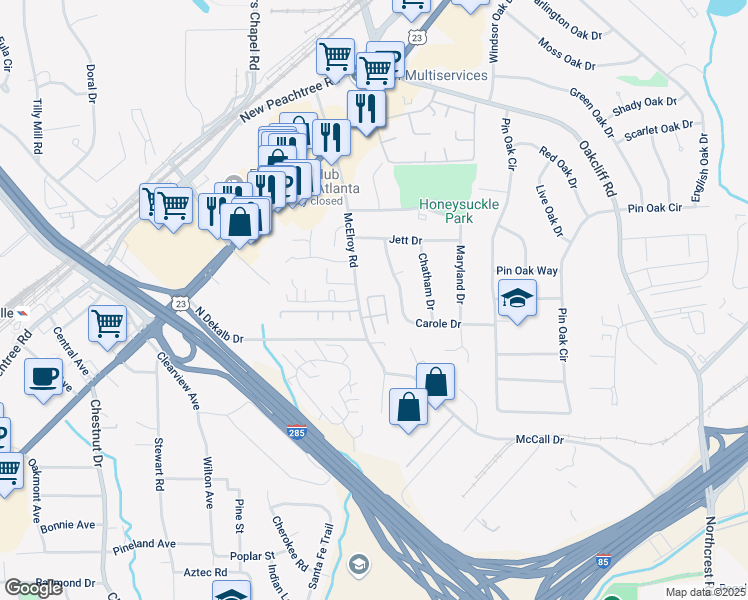 map of restaurants, bars, coffee shops, grocery stores, and more near 3795 Oxford Circle in Atlanta