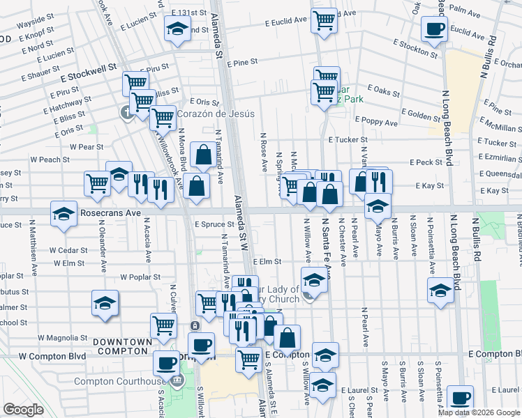 map of restaurants, bars, coffee shops, grocery stores, and more near 325 East Rosecrans Avenue in Compton