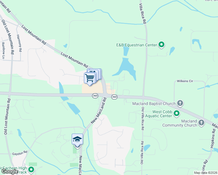 map of restaurants, bars, coffee shops, grocery stores, and more near 2071 Lost Mountain Road in Powder Springs
