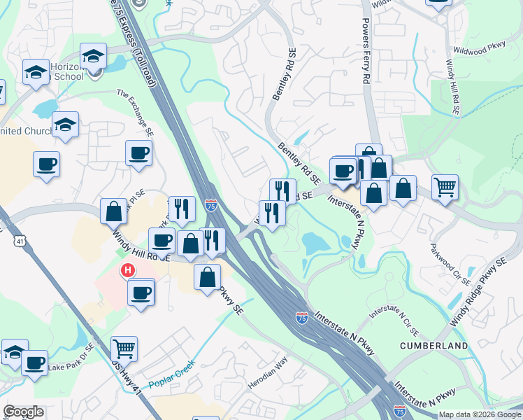 map of restaurants, bars, coffee shops, grocery stores, and more near 2825 Windy Hill Road Southeast in Marietta