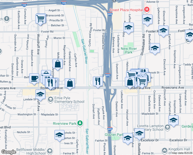 map of restaurants, bars, coffee shops, grocery stores, and more near 14065 Bayside Drive in Norwalk