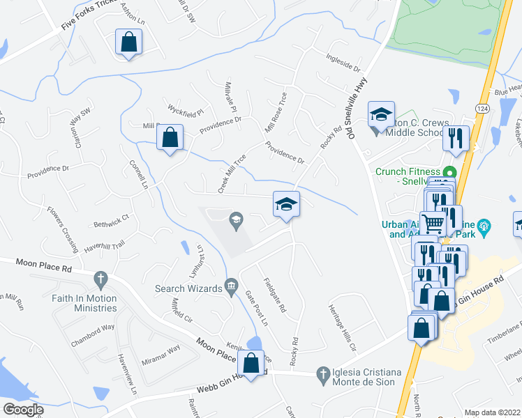 map of restaurants, bars, coffee shops, grocery stores, and more near 1172 Laurel Hill Way Southwest in Lawrenceville