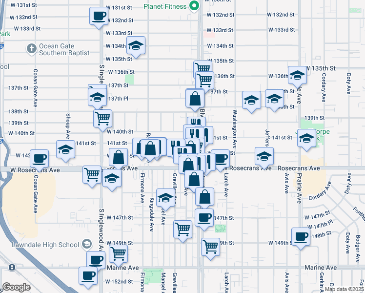 map of restaurants, bars, coffee shops, grocery stores, and more near 4479 West 142nd Street in Hawthorne
