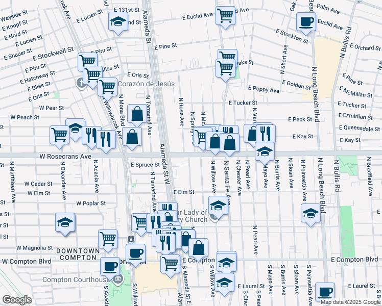 map of restaurants, bars, coffee shops, grocery stores, and more near 411 East Rosecrans Avenue in Compton