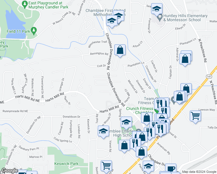 map of restaurants, bars, coffee shops, grocery stores, and more near 3834 Chamblee Dunwoody Road in Atlanta