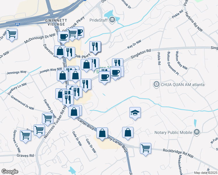 map of restaurants, bars, coffee shops, grocery stores, and more near 6050 Singleton Road in Norcross