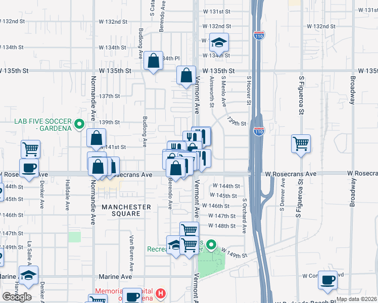 map of restaurants, bars, coffee shops, grocery stores, and more near 14059 Zirconia Lane in Gardena