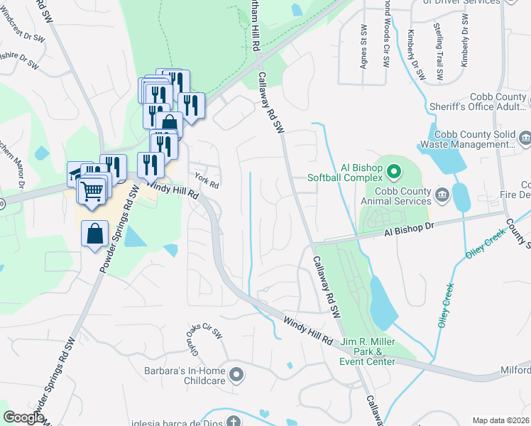 map of restaurants, bars, coffee shops, grocery stores, and more near 2090 Corsica Way Southwest in Marietta