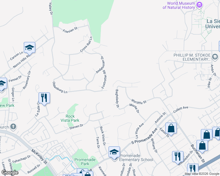 map of restaurants, bars, coffee shops, grocery stores, and more near 59 Oldenburg Lane in Norco