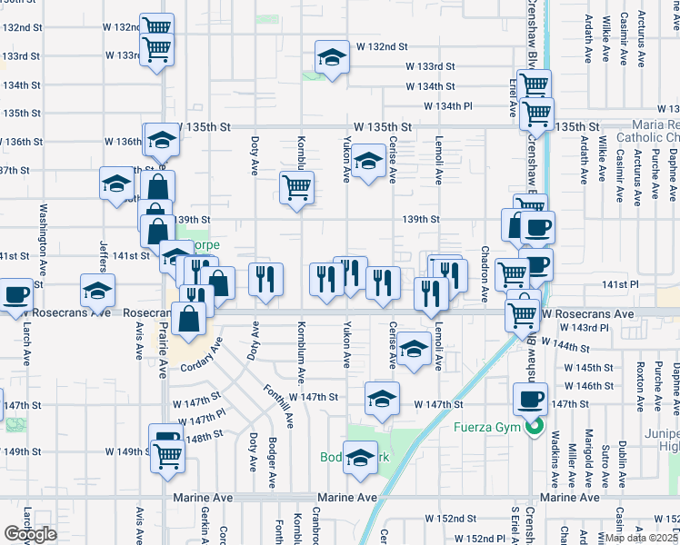 map of restaurants, bars, coffee shops, grocery stores, and more near 14037 Yukon Avenue in Hawthorne