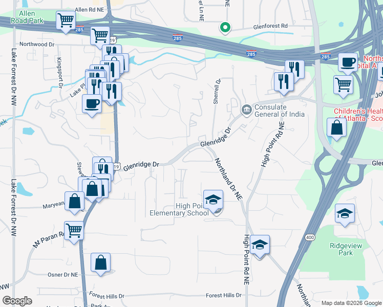 map of restaurants, bars, coffee shops, grocery stores, and more near 5479 Glenridge Drive in Atlanta