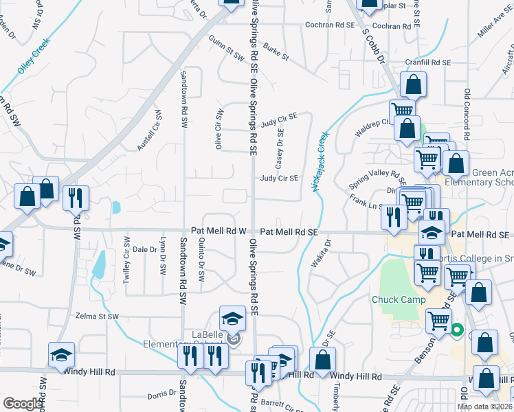 map of restaurants, bars, coffee shops, grocery stores, and more near 2068 Olive Springs Road Southeast in Marietta