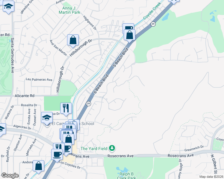 map of restaurants, bars, coffee shops, grocery stores, and more near 14045 Santa Barbara Street in La Mirada