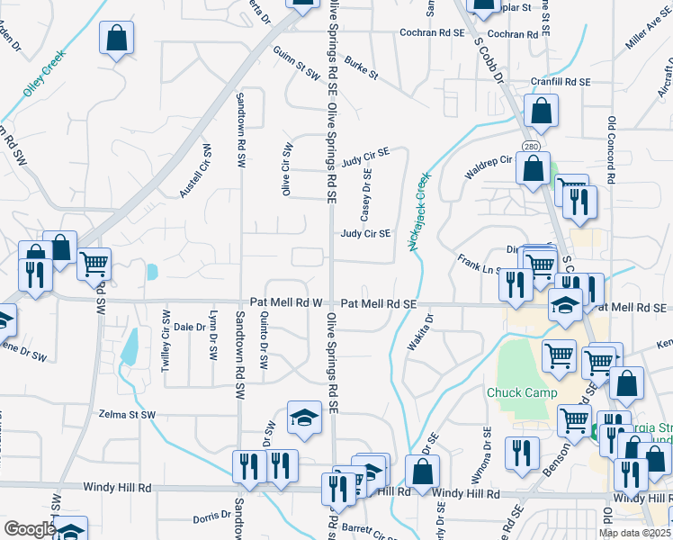 map of restaurants, bars, coffee shops, grocery stores, and more near 2068 Olive Springs Road Southeast in Marietta