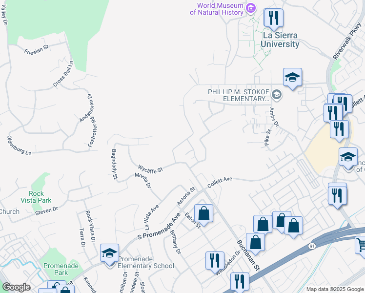 map of restaurants, bars, coffee shops, grocery stores, and more near 12289 Caponera Court in Riverside