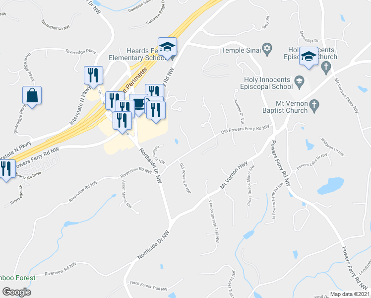 map of restaurants, bars, coffee shops, grocery stores, and more near 5430 Powers Overlook Court in Atlanta
