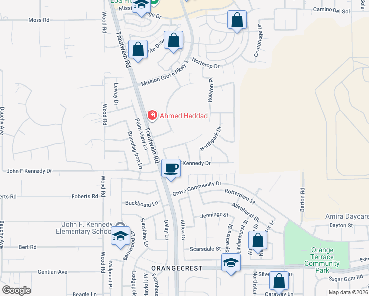 map of restaurants, bars, coffee shops, grocery stores, and more near 8171 Bon View Drive in Riverside