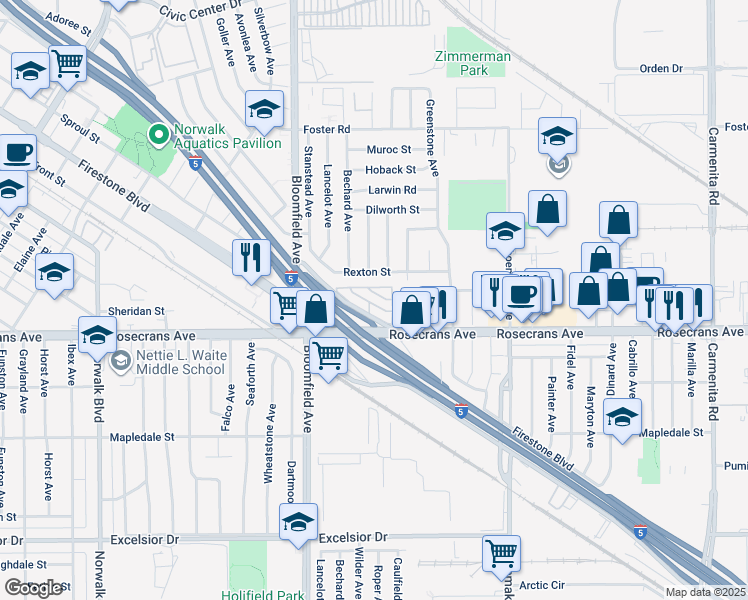 map of restaurants, bars, coffee shops, grocery stores, and more near 103 Rosecrans offramp in Norwalk