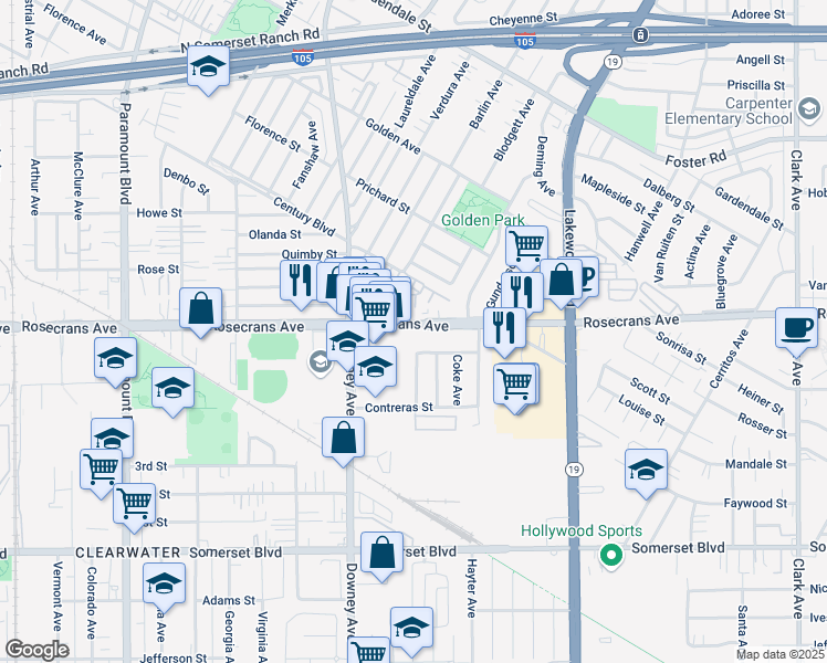 map of restaurants, bars, coffee shops, grocery stores, and more near 14403 Passage Avenue in Paramount