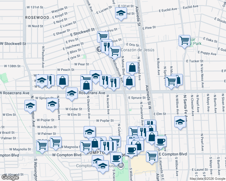 map of restaurants, bars, coffee shops, grocery stores, and more near 214 Rosecrans Avenue in Compton