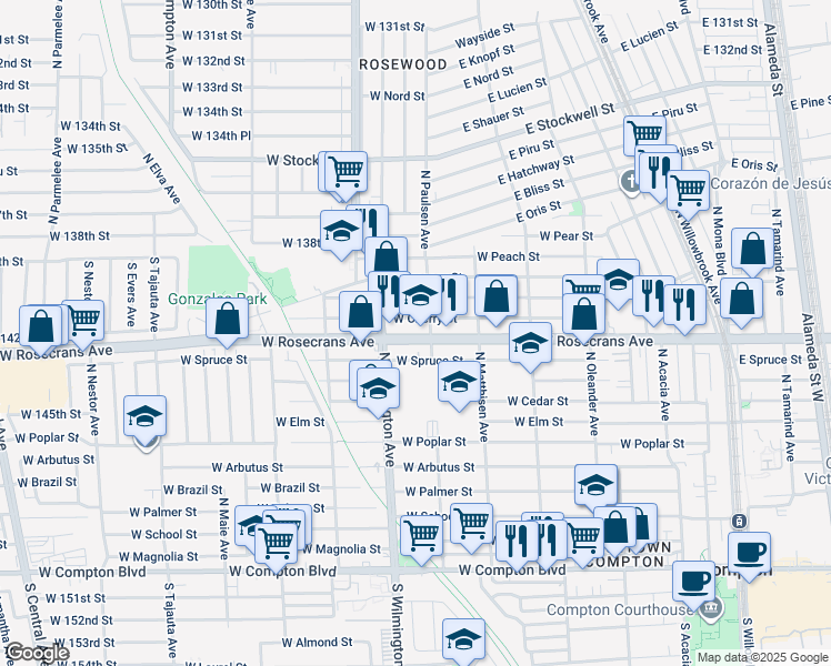 map of restaurants, bars, coffee shops, grocery stores, and more near 730 Rosecrans Avenue in Compton