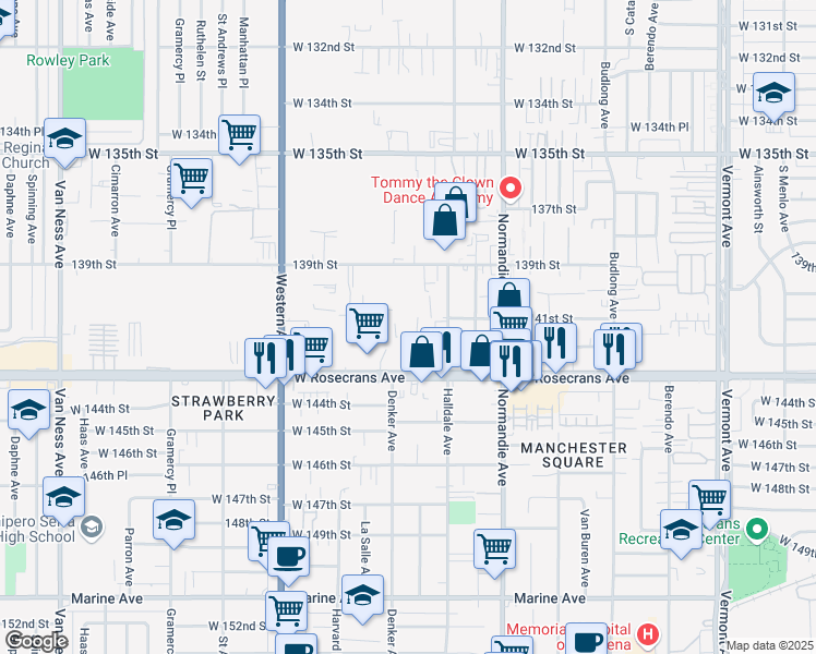 map of restaurants, bars, coffee shops, grocery stores, and more near 14112 Kingsley Drive in Gardena