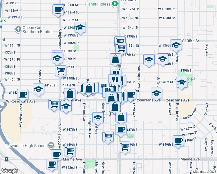 map of restaurants, bars, coffee shops, grocery stores, and more near 4479 West 142nd Street in Hawthorne