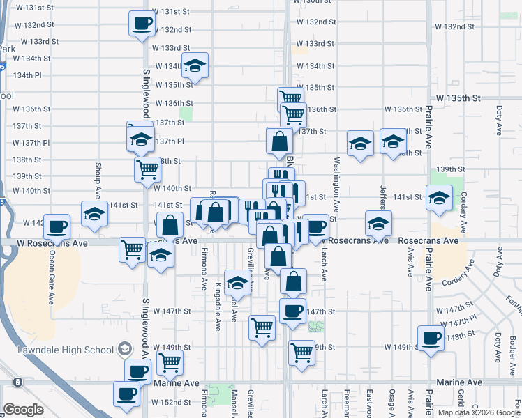 map of restaurants, bars, coffee shops, grocery stores, and more near 4479 West 142nd Street in Hawthorne