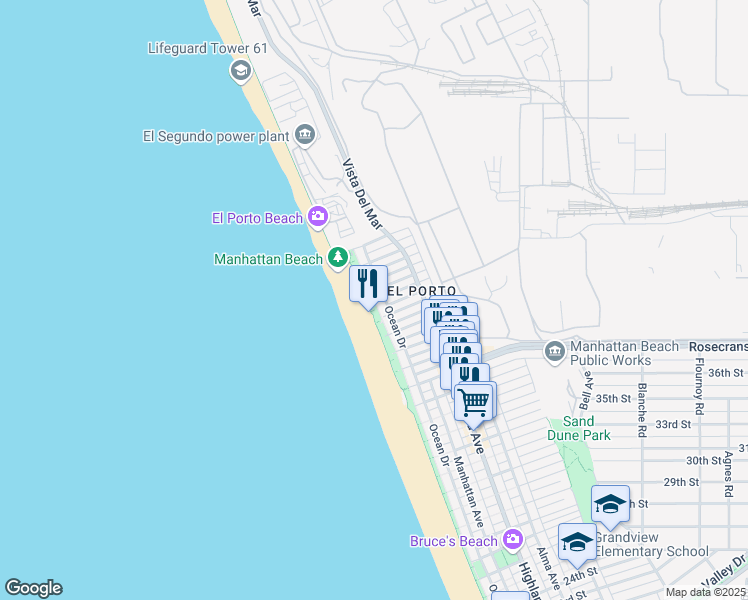 map of restaurants, bars, coffee shops, grocery stores, and more near 4102 Ocean Drive in Manhattan Beach