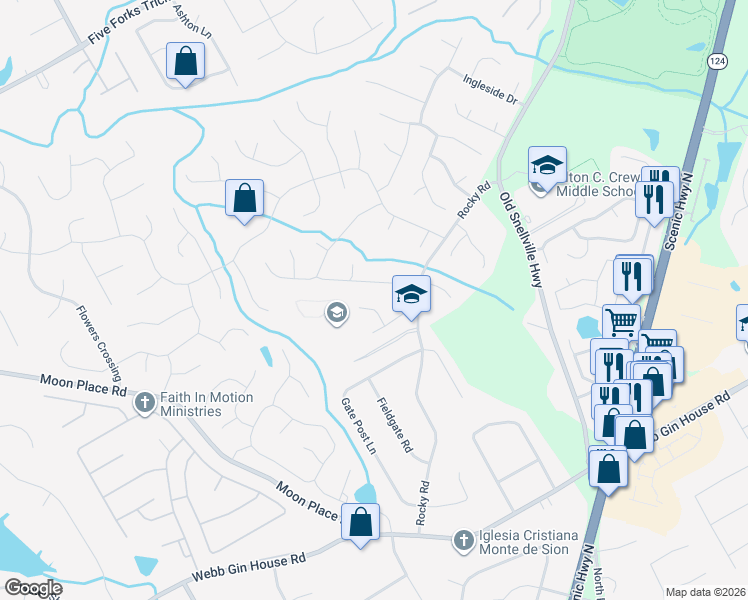 map of restaurants, bars, coffee shops, grocery stores, and more near 1172 Laurel Hill Way Southwest in Lawrenceville