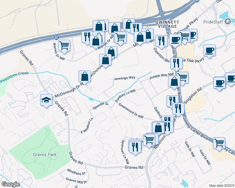 map of restaurants, bars, coffee shops, grocery stores, and more near 6419 Danbury Lane Northwest in Norcross