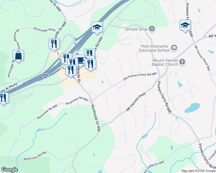 map of restaurants, bars, coffee shops, grocery stores, and more near 5430 Powers Overlook Court in Atlanta